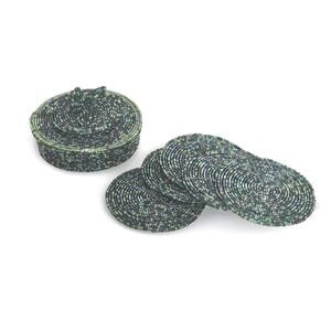 Vtg Hand Made Green Glass Beaded Wired Coaster Set of 6 w/ Beaded Box Boho